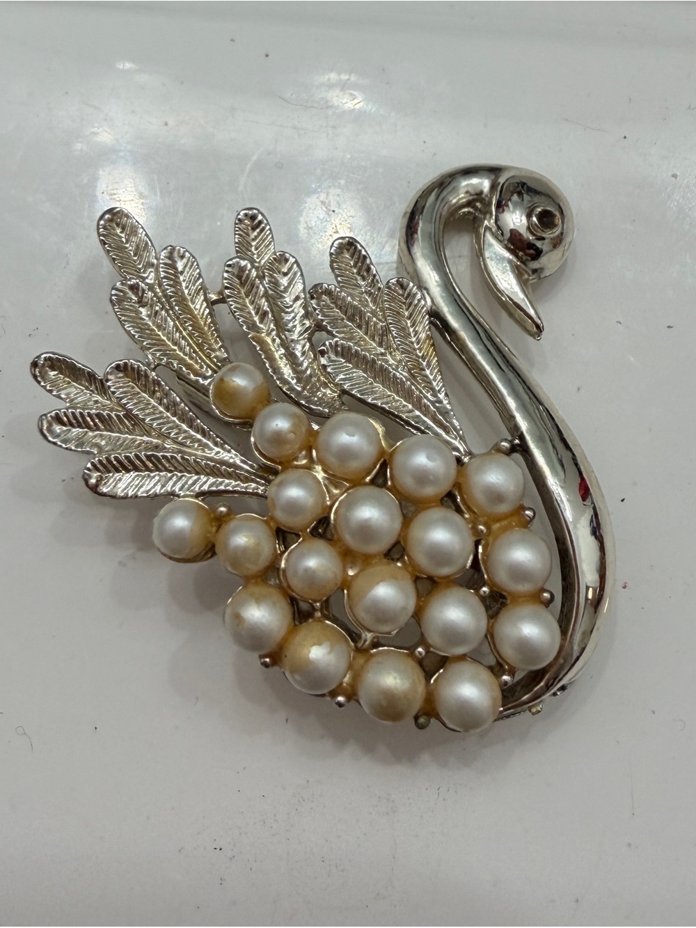 Silver-Tone Swan Brooch with Pearl Cluster